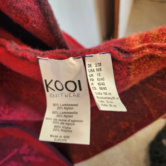 KOOI Knit Long Cardigan Sweater Red Draped Collar Lambswool Pockets Size Medium - Picture 10 of 13